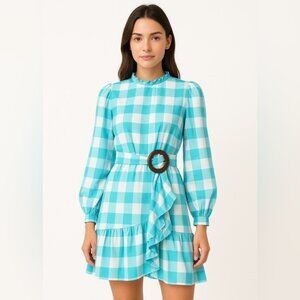 Elegant Turquoise Checkered Long Sleeve Dress Adriana Degreas